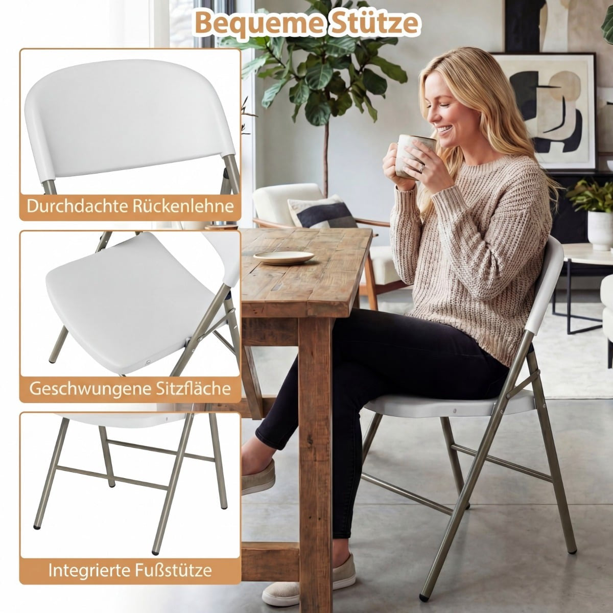 6-Pack Folding Chairs, Metal & Plastic, 150kg Capacity, White