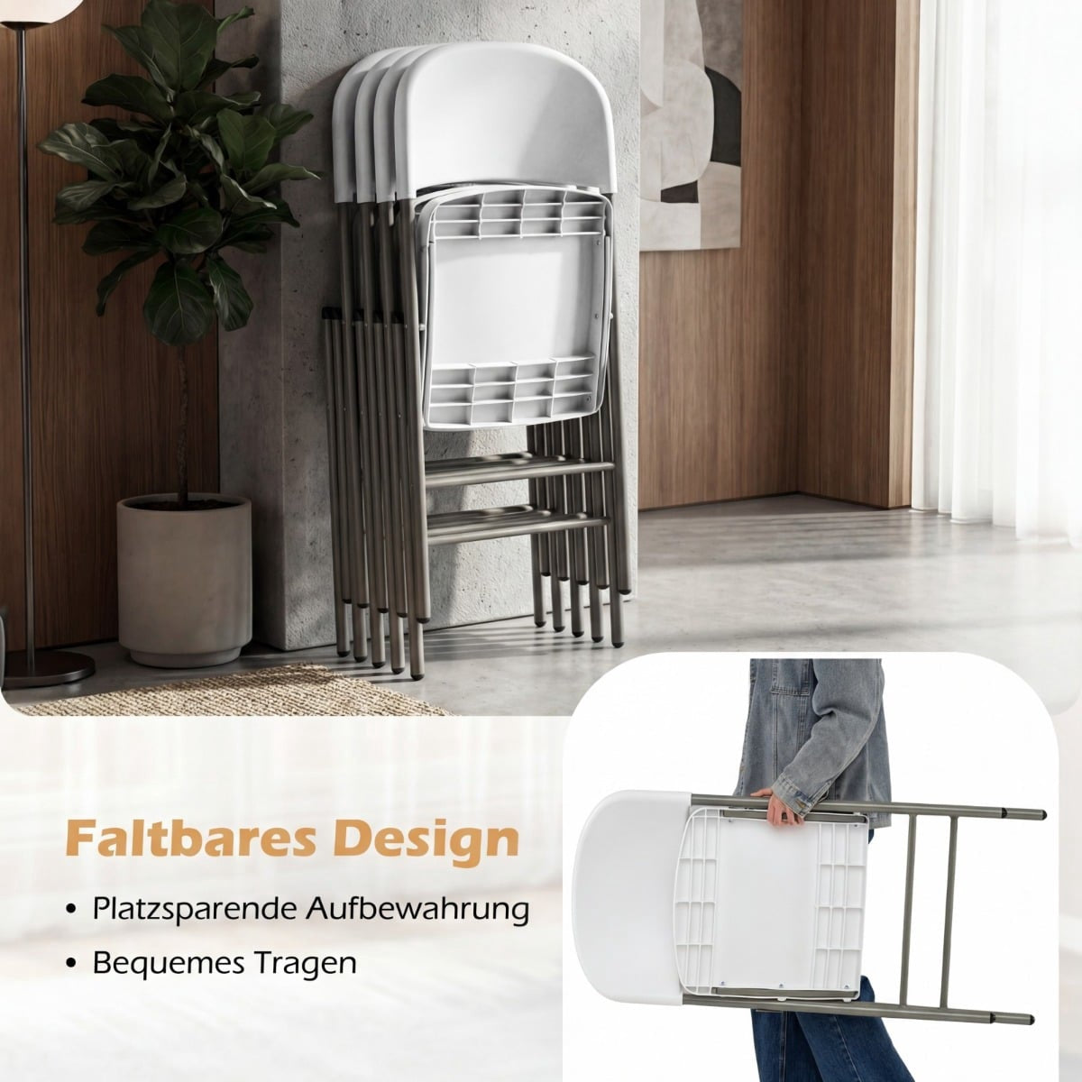 6-Pack Folding Chairs, Metal & Plastic, 150kg Capacity, White