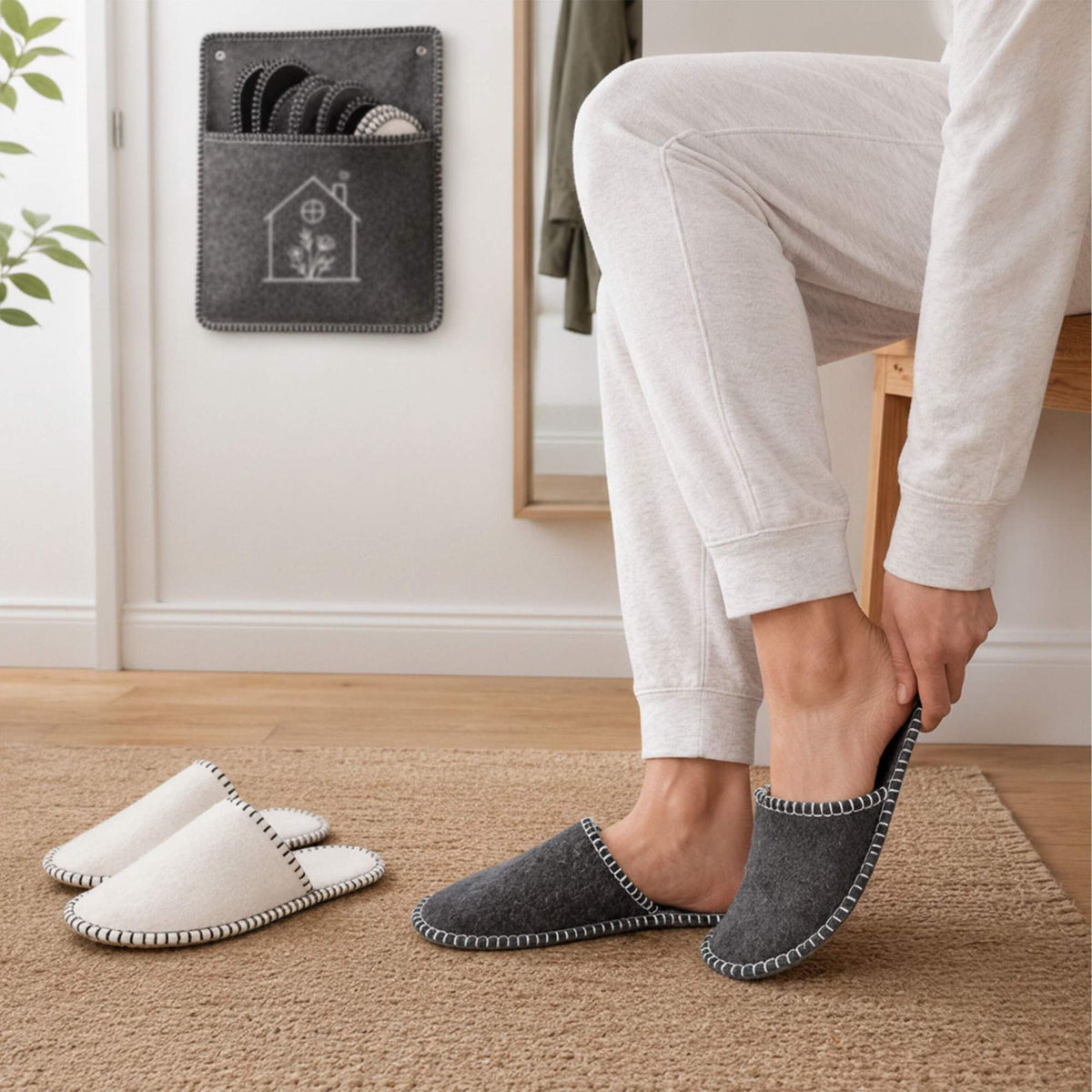 6 Pairs Beige Felt Guest Slippers with Storage Bag