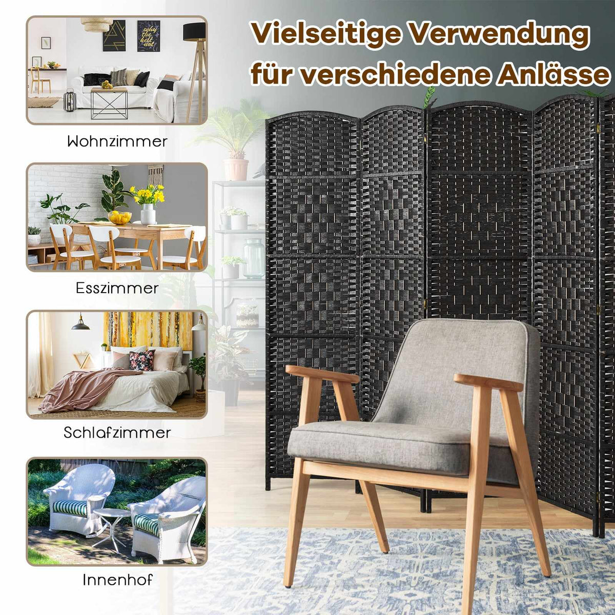 6-Panel Black Room Divider, Paper Fiber & Poplar Frame
