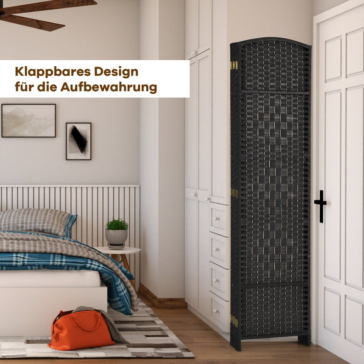 6-Panel Black Room Divider, Paper Fiber & Poplar Frame