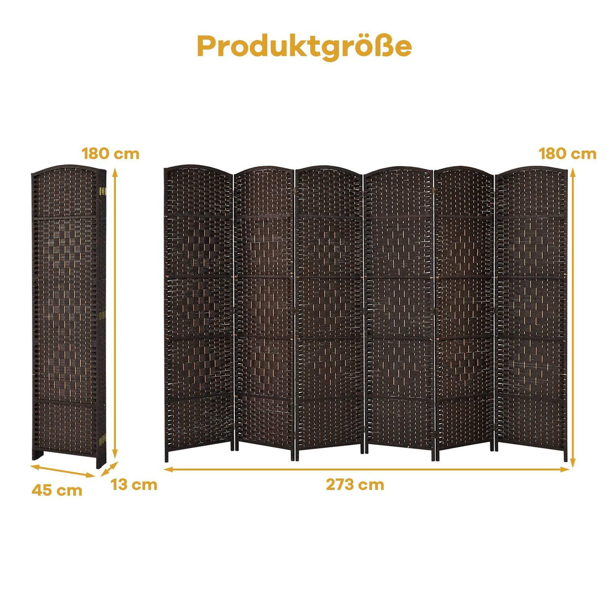 6-Panel Brown Room Divider, Paper & Poplar Wood Frame