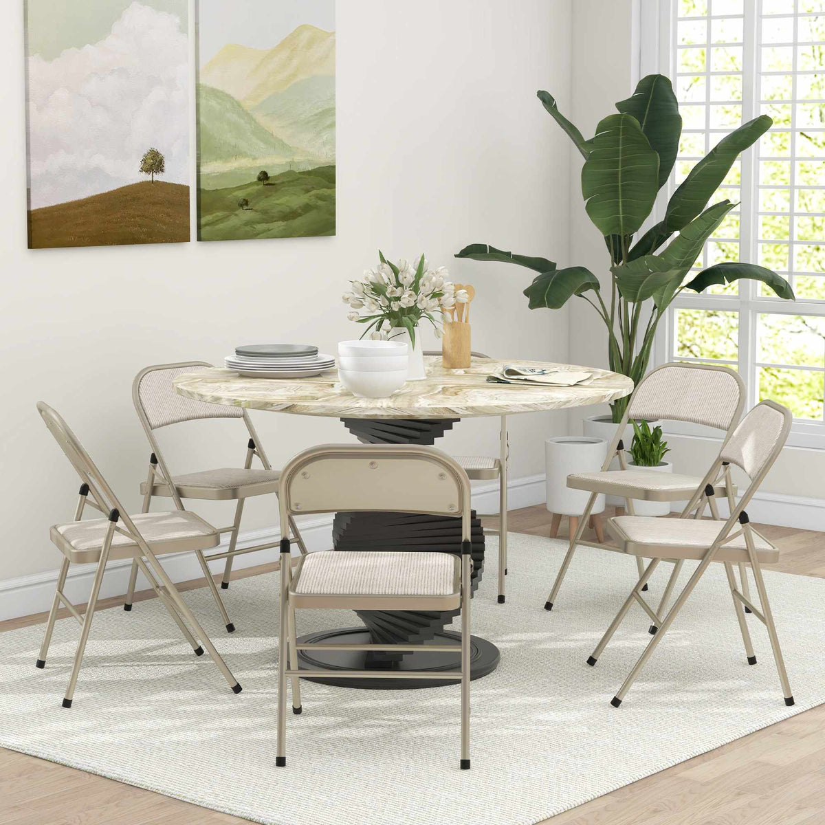 6-Piece Folding Chairs Set, Steel Frame, Linen Look, Beige