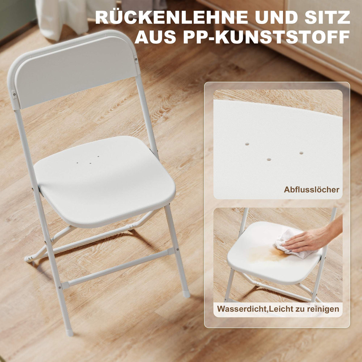 6-Piece Folding Chairs, White, Steel Frame, Drain Holes
