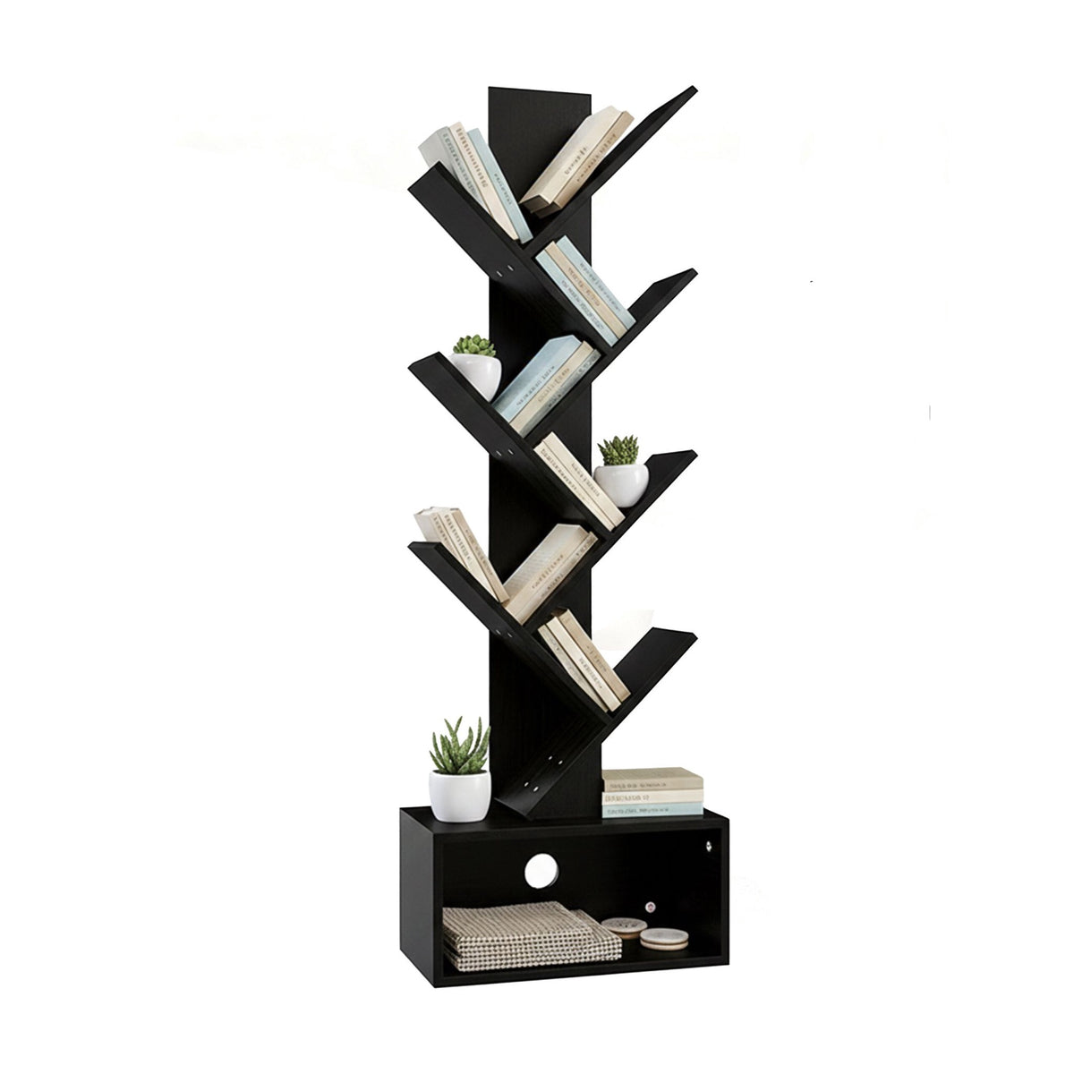 6-Shelf Tree Bookcase with Closed Storage Compartment