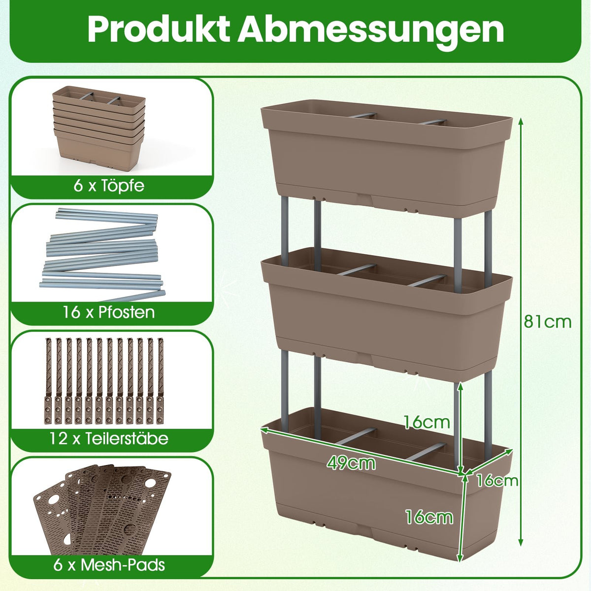 6 Stackable Planters with Drainage, 49 cm, Grey