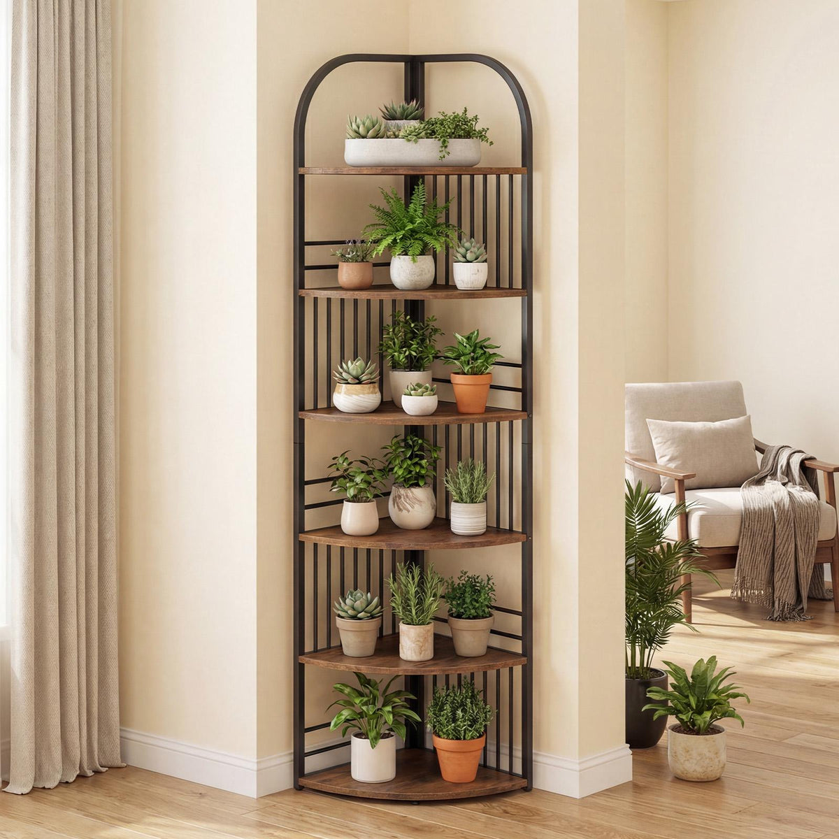 6-Tier Corner Bookshelf, Tall Metal Frame, Rustic Brown