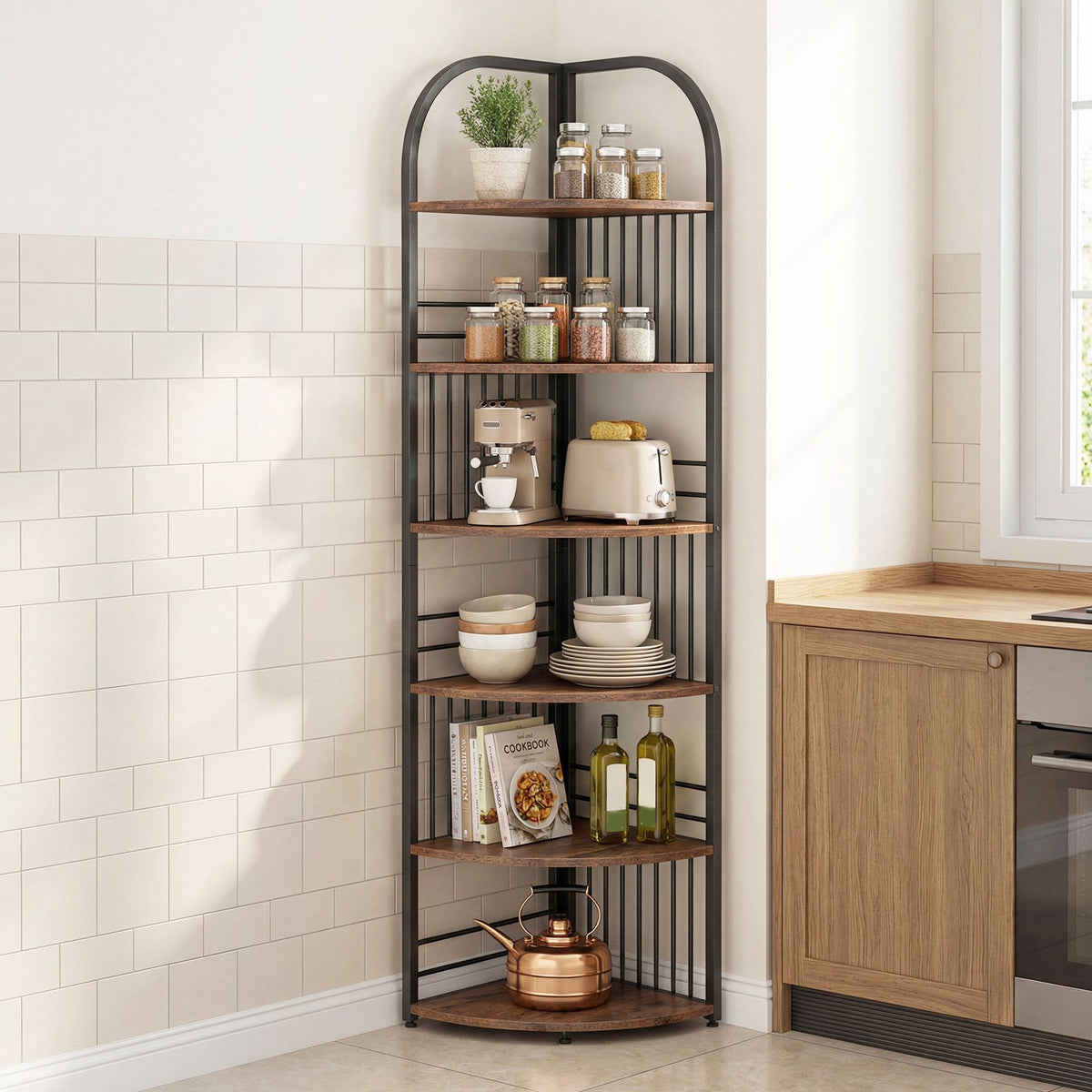 6-Tier Corner Bookshelf, Tall Metal Frame, Rustic Brown