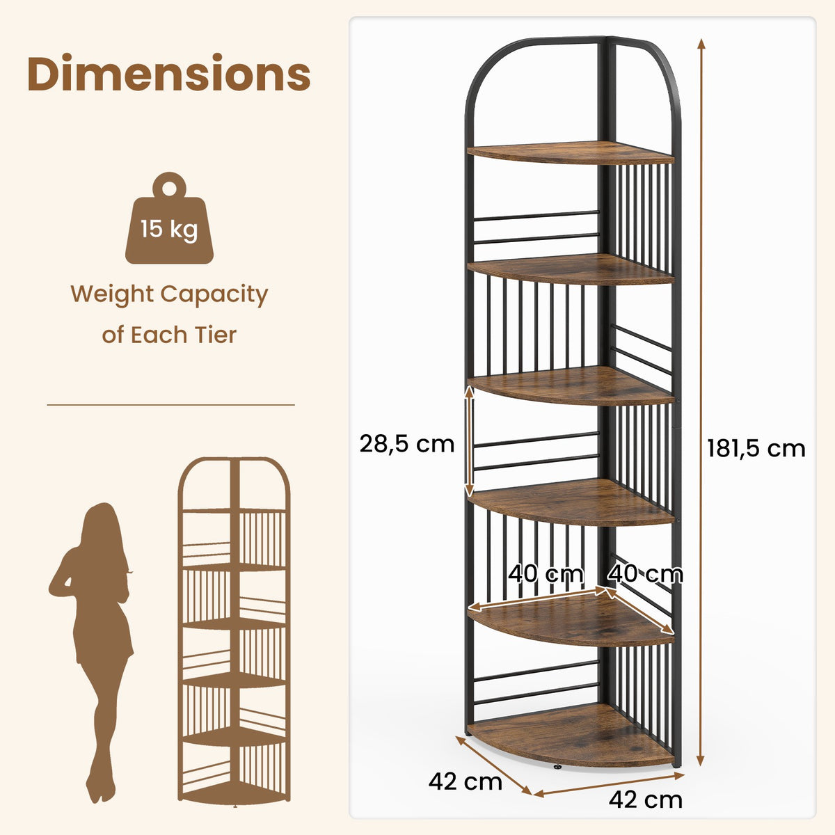 6-Tier Corner Bookshelf, Tall Metal Frame, Rustic Brown