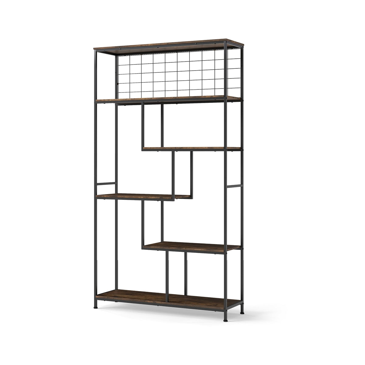 6-Tier Freestanding Bookshelf with Metal Grid, Rustic Brown