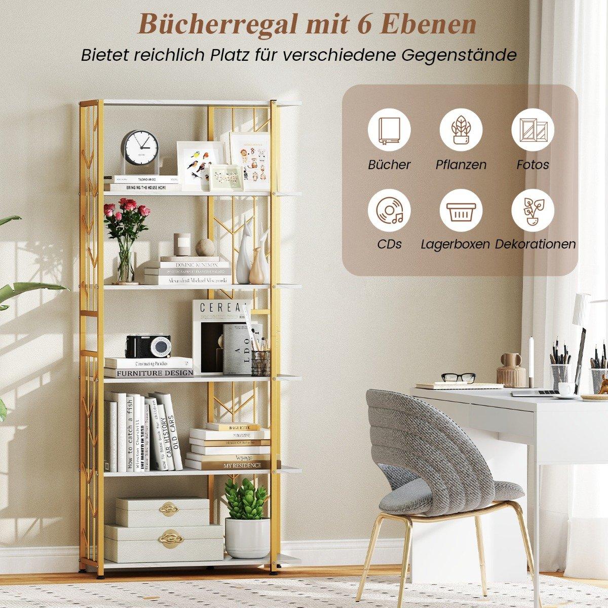 6-Tier Geometric Metal Bookshelf, 80x31x180 cm, White