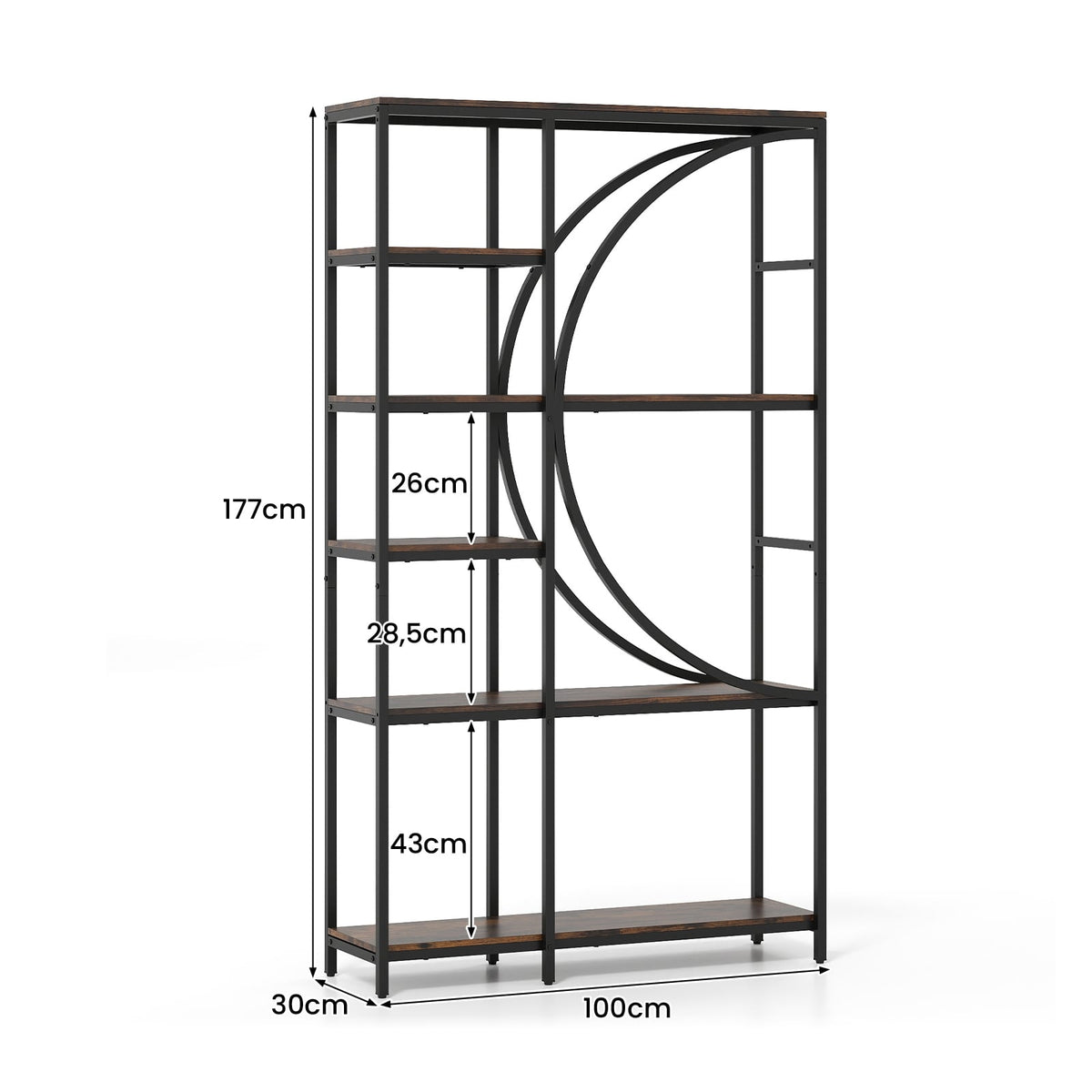 6-Tier Industrial Bookshelf with Open Shelves, Brown