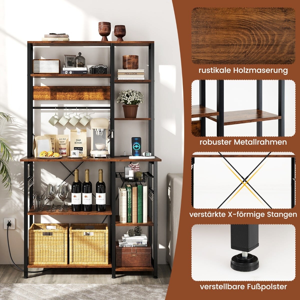 6-Tier Kitchen Rack with Outlet & Wire Basket