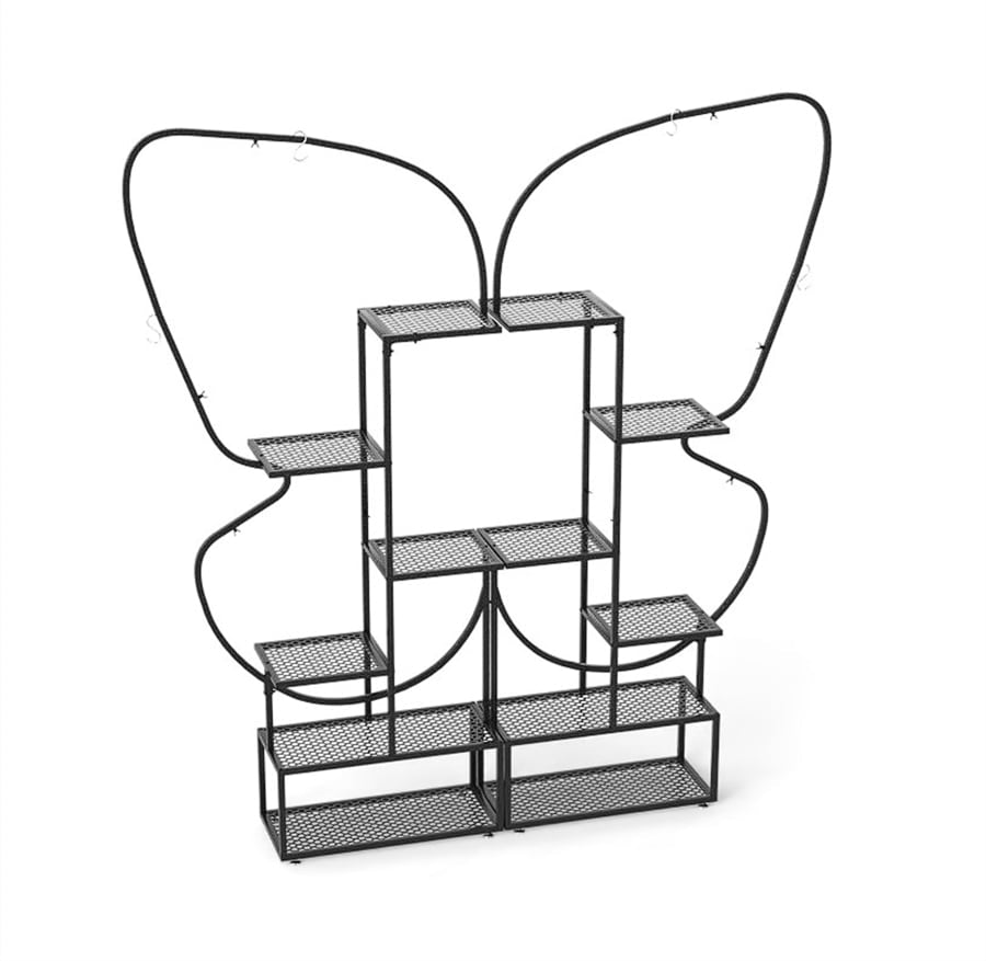 6-Tier Metal Butterfly Plant Stand with Hooks – Black