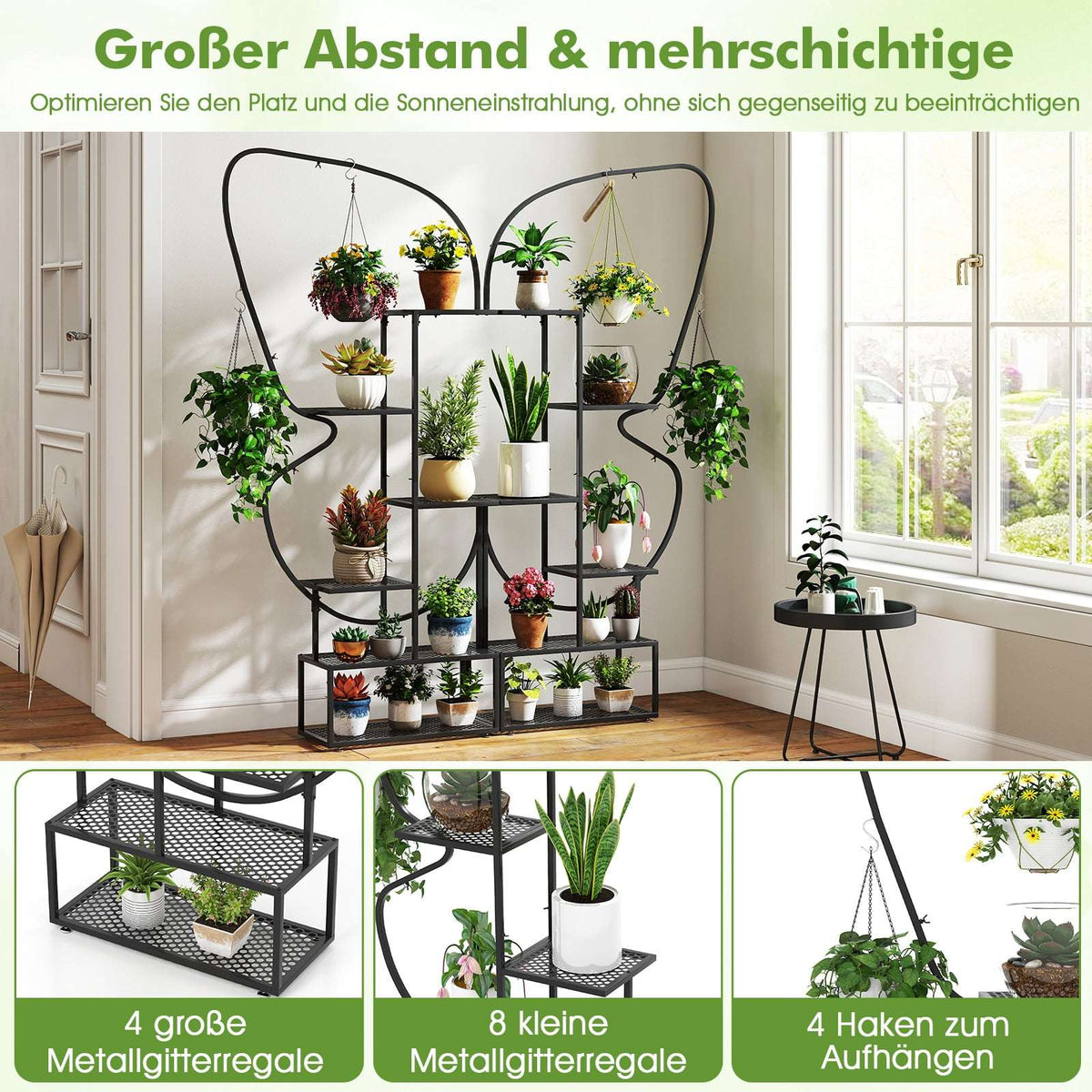 6-Tier Metal Butterfly Plant Stand with Hooks – Black