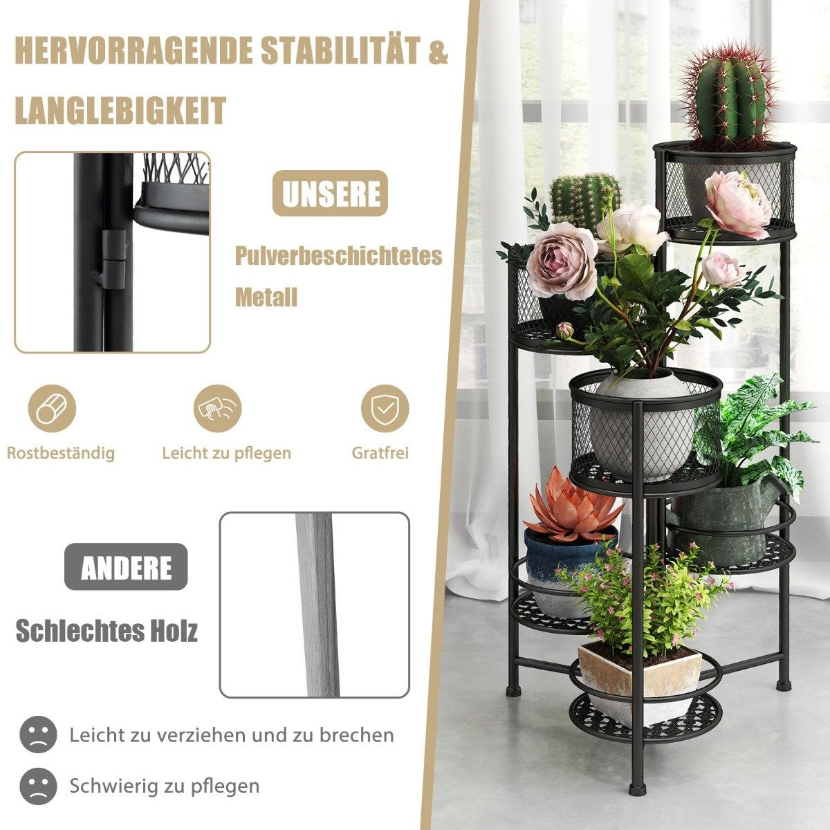 6 Tier Metal Plant Stand with Rotating Design Flower Stairs Flower Pot Holder Black