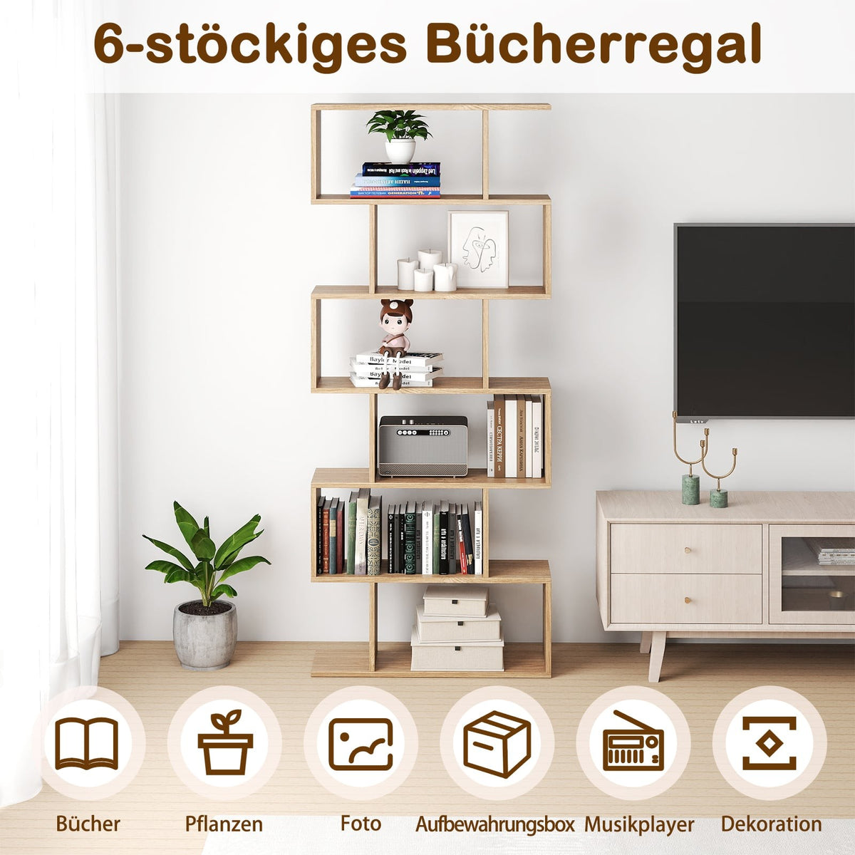 6-Tier S-Shaped Bookshelf, Freestanding Divider, Wood