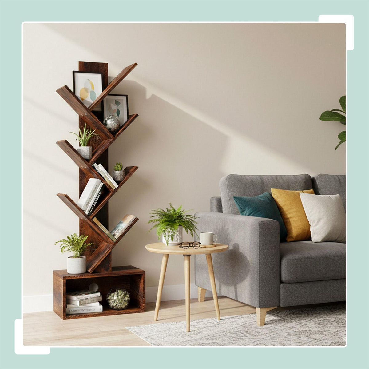 6-Tier Tree Bookcase with Closed Storage Compartment