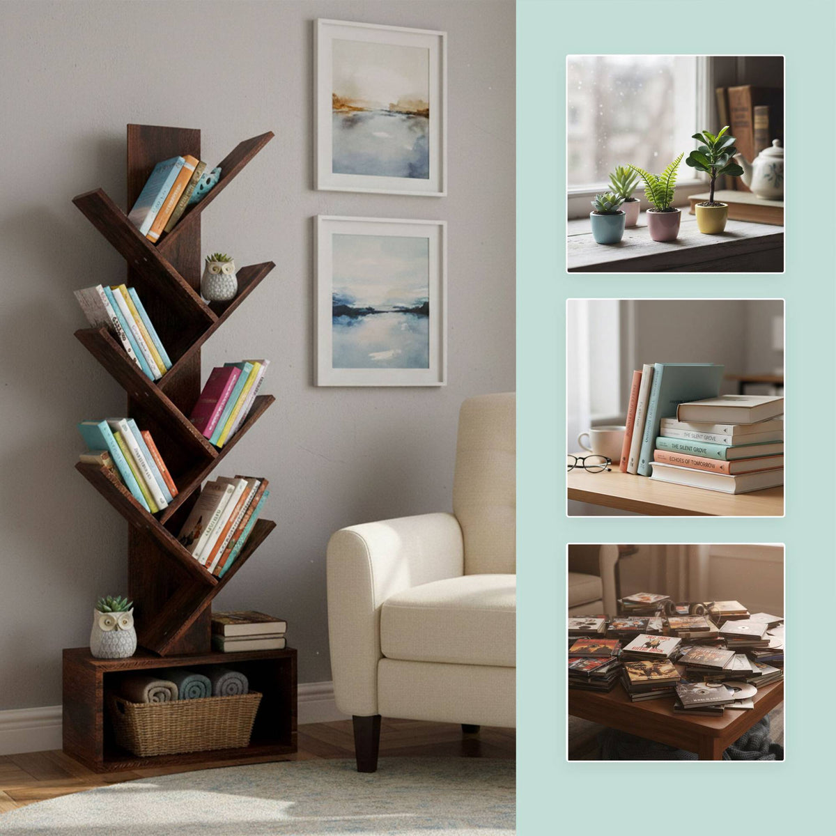 6-Tier Tree Bookcase with Closed Storage Compartment