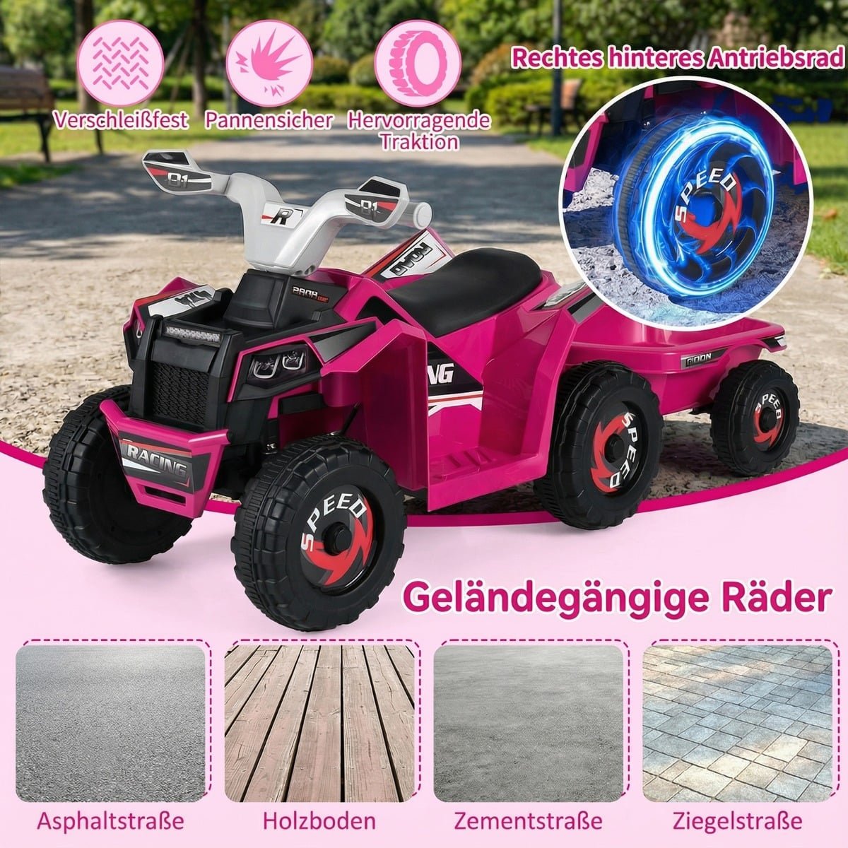 6V Kids Electric ATV with Trailer, Pink, Ages 3+