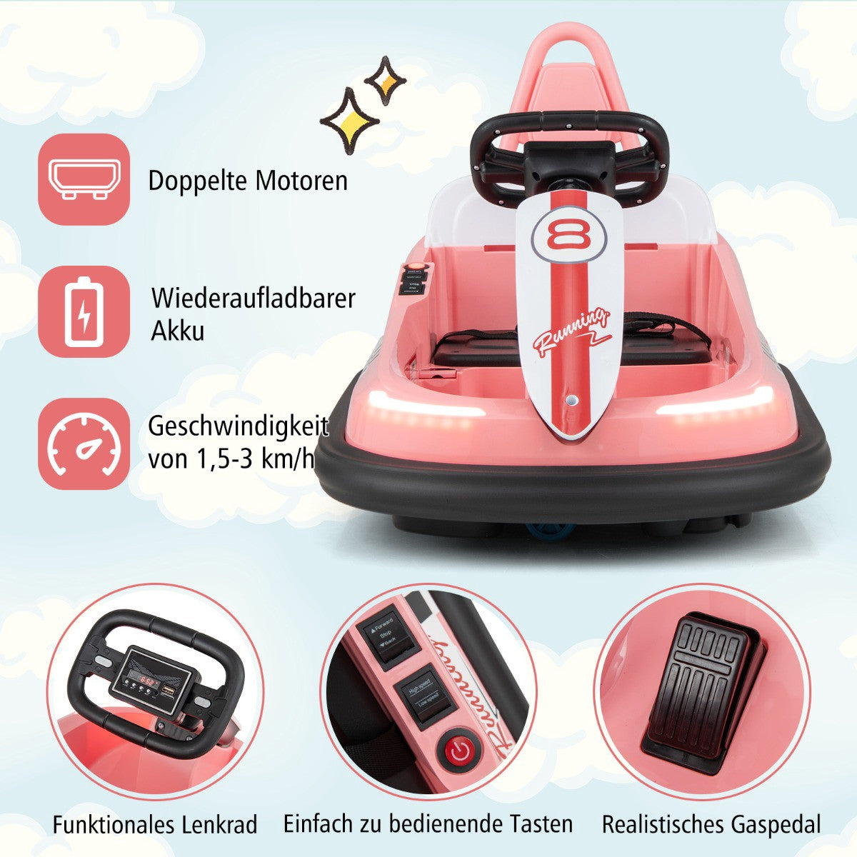 6V Kids Electric Bumper Car – 360 Spin, Music, Lights, Pink
