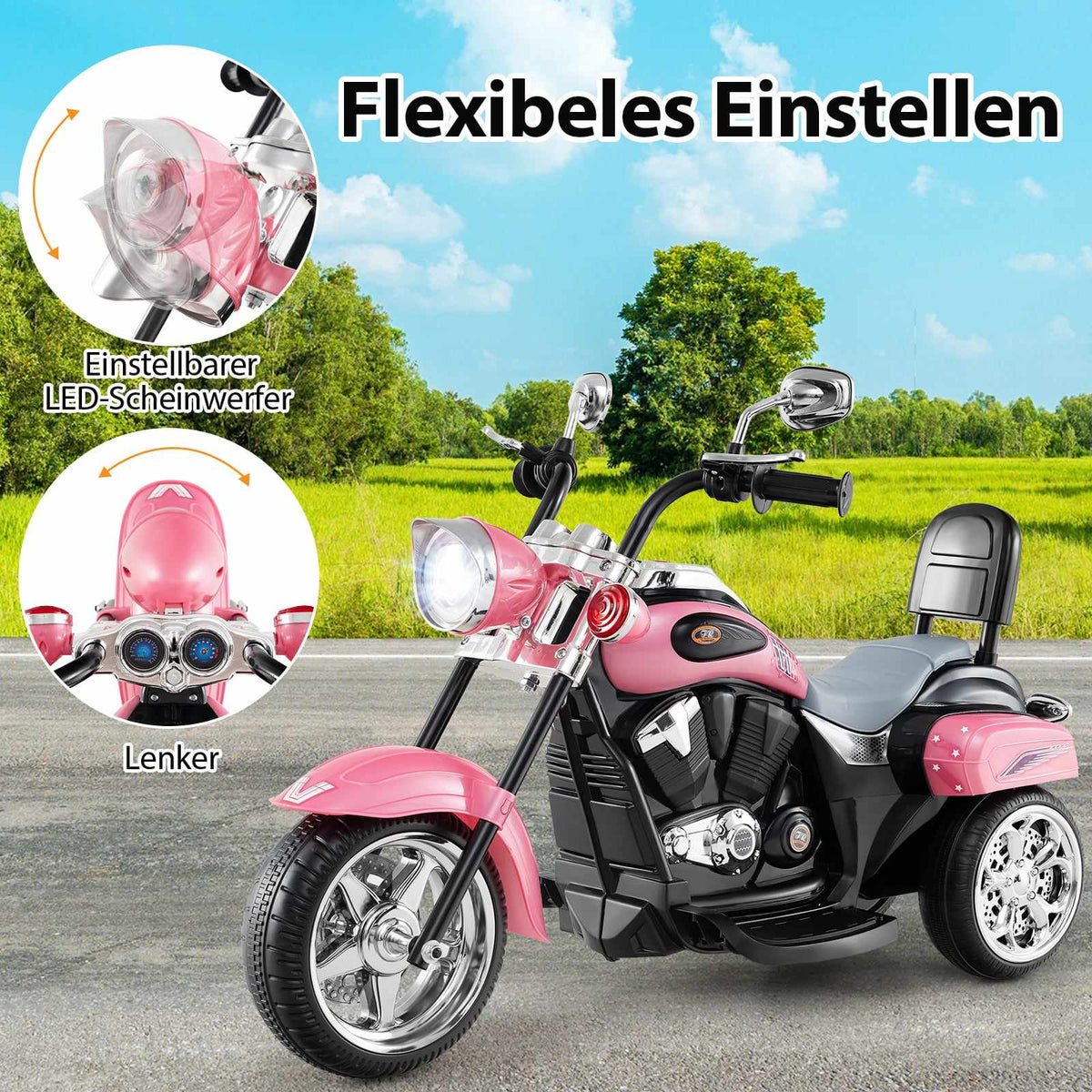 6V Kids Electric Motorcycle, Pink, Adjustable Lights & Sound