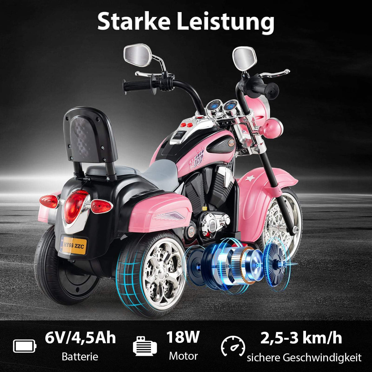 6V Kids Electric Motorcycle, Pink, Adjustable Lights & Sound