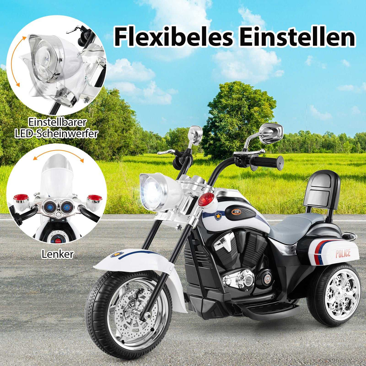 6V Kids Electric Police Motorcycle, Adjustable Lights & Sound