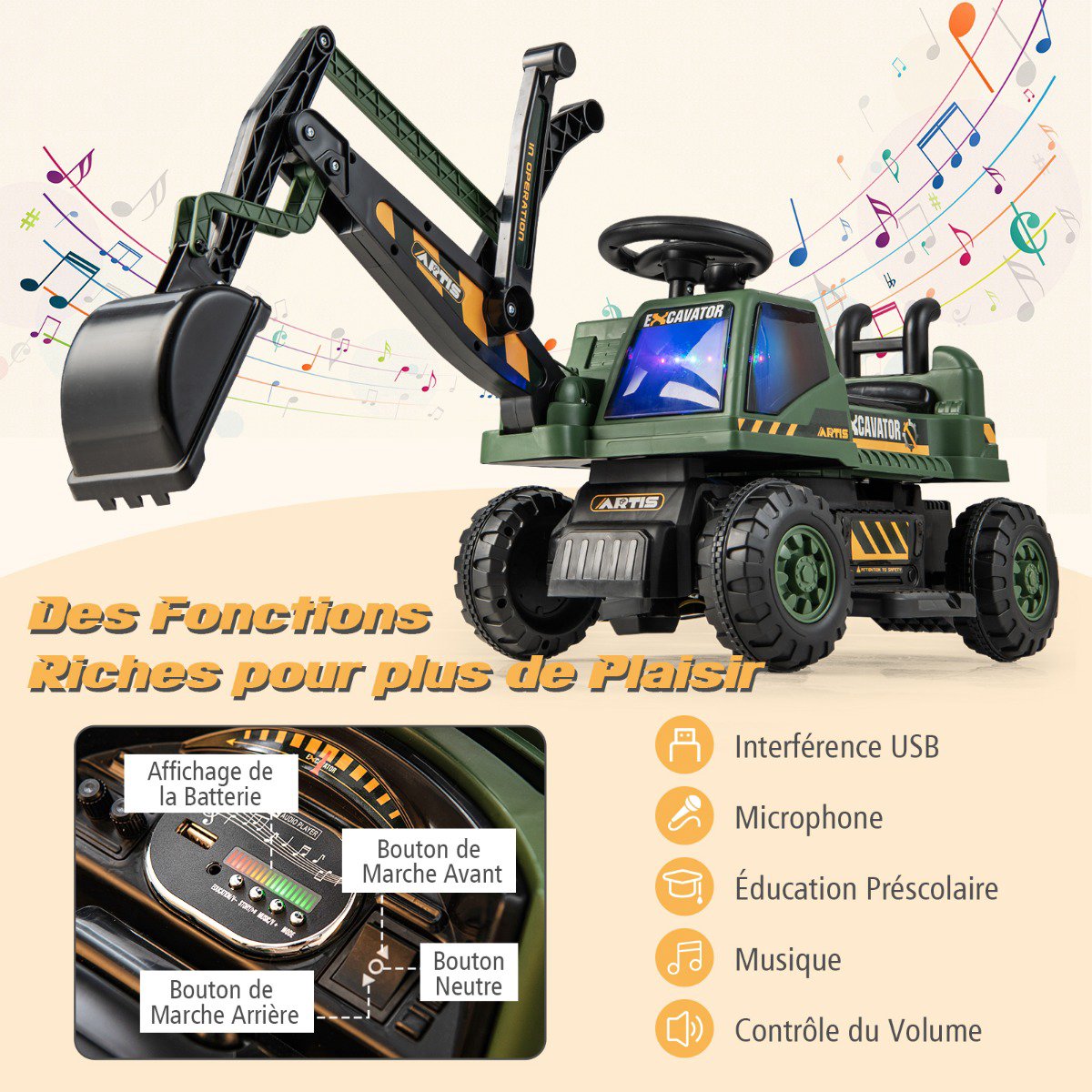 6V Kids Ride-On Digger, Rotating Seat, Music