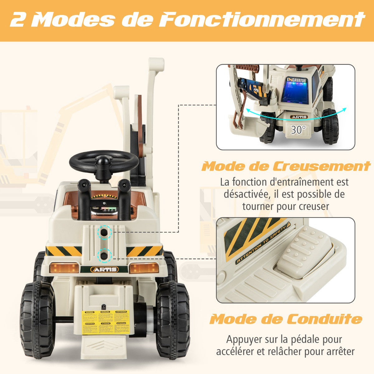 6V Kids Ride-On Excavator, Rotating Seat, Music