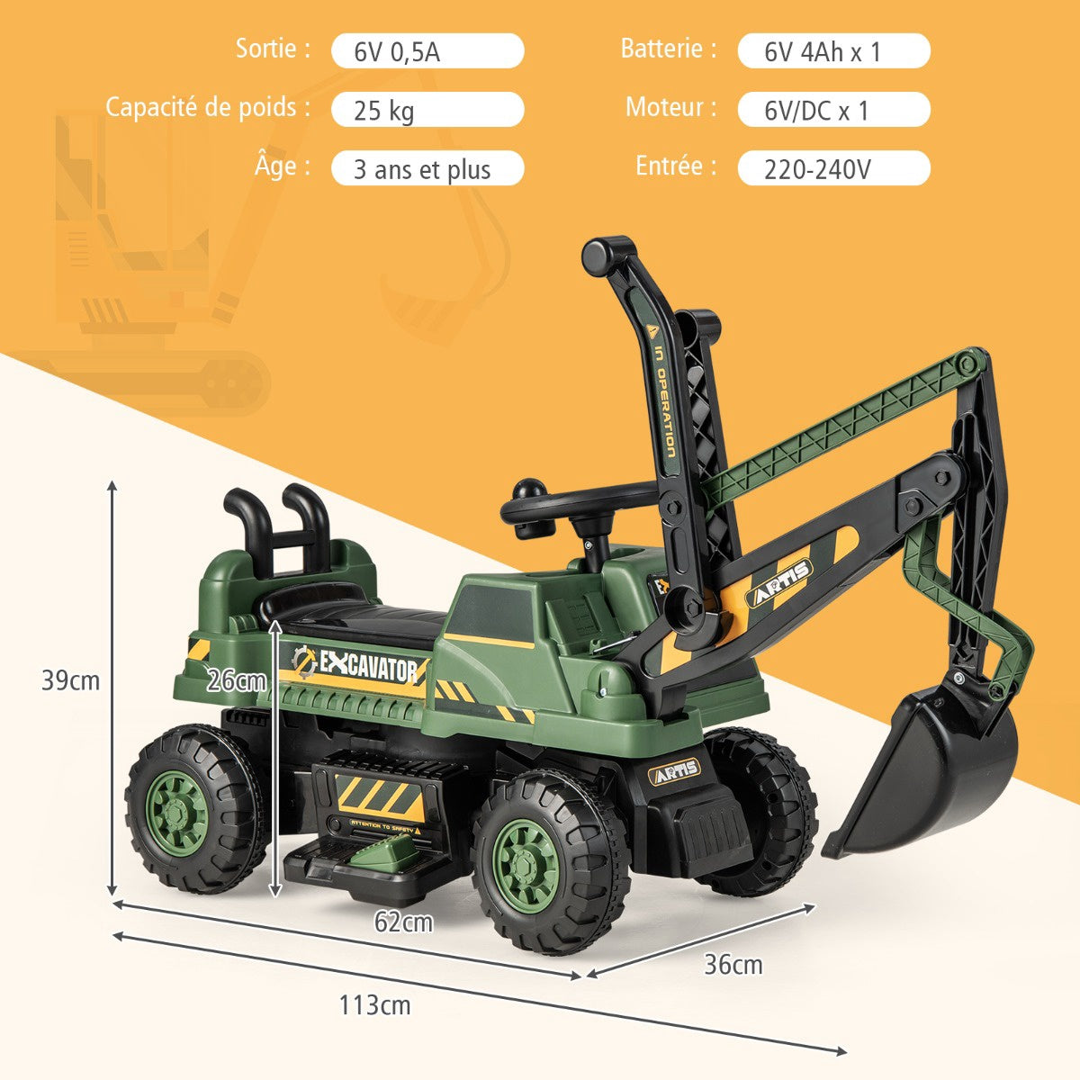 6V Kids Ride-On Excavator, Rotating Seat, Music