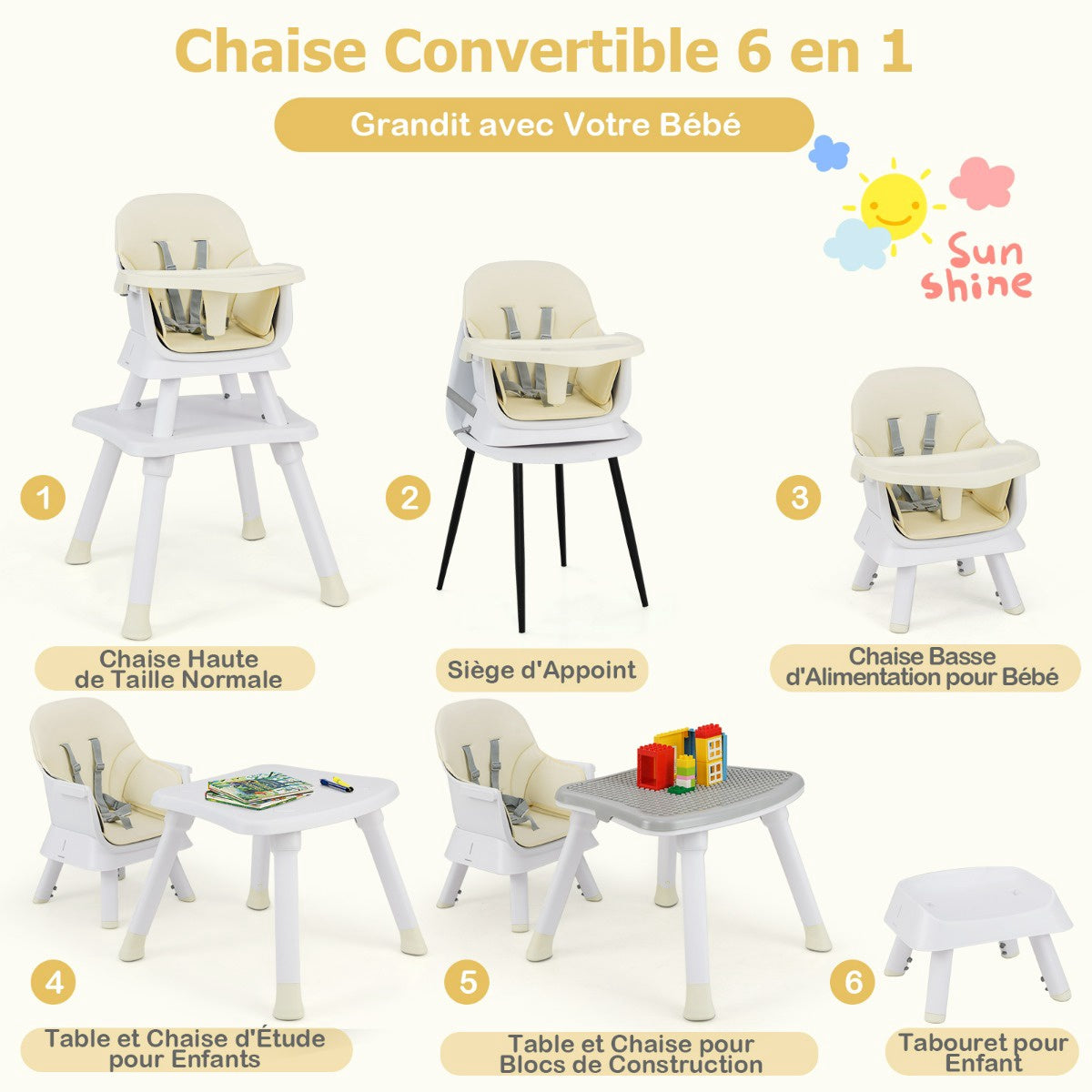 6-in-1 Baby High Chair – Block Tray, 5-Point Harness
