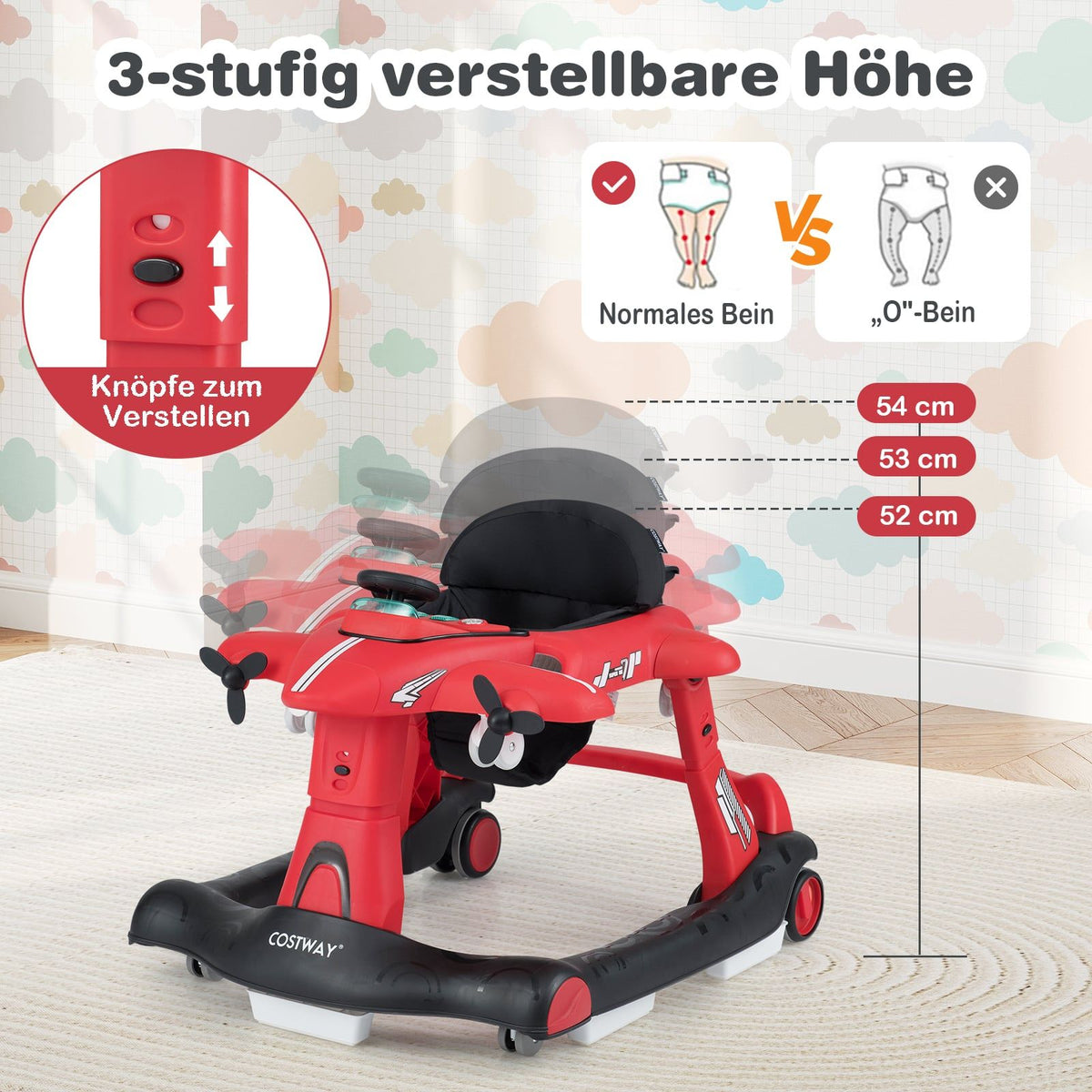 6-in-1 Baby Walker with Adjustable Height, Red