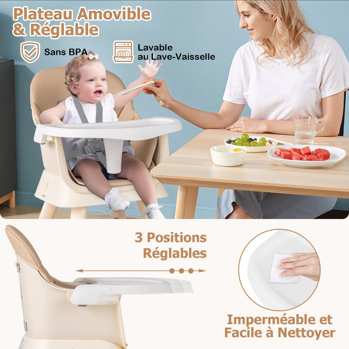 6-in-1 Convertible Baby High Chair, Tray, 5-Point Harness, Brown