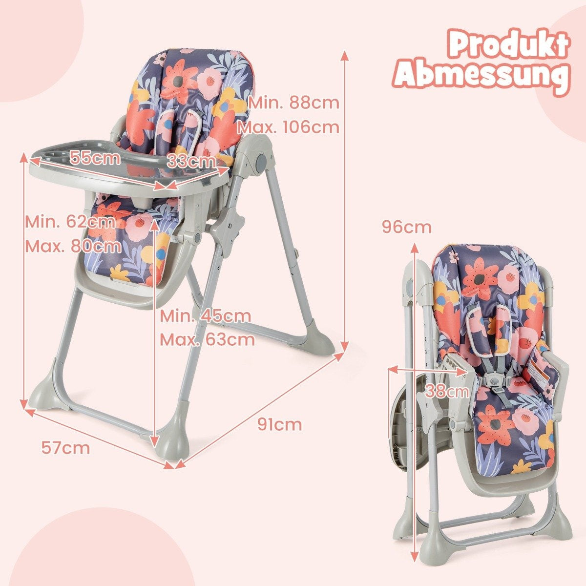 6 in 1 Convertible Baby High Chair with Reclining Functions &amp; Double tray folding high chair flowers