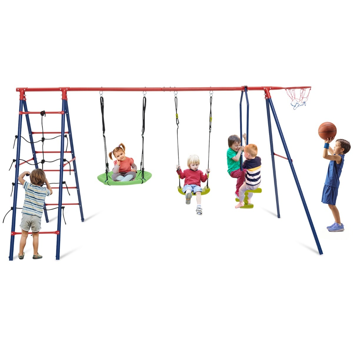 6 in 1 Swing Set with 2 Swings Glider Seats Climbing Net Climbing Ladder and Basketball Hoop 336 x 140 x 176 cm Red + Blue