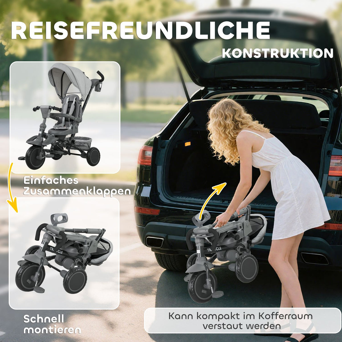 6-in-1 Toddler Tricycle, Adjustable Seat, Foldable, Gray