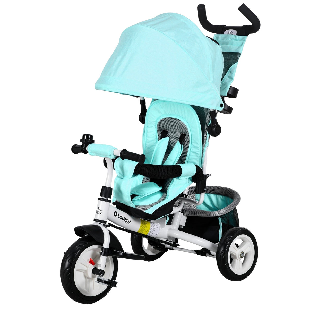 6-in-1 Tricycle with Push Bar, Children's Tricycle with Removable Sun Canopy, Cushion, Balance Bike with 5-Point Safety Belt, Basket, Cup Holder, for 1-5 Years Children, Green