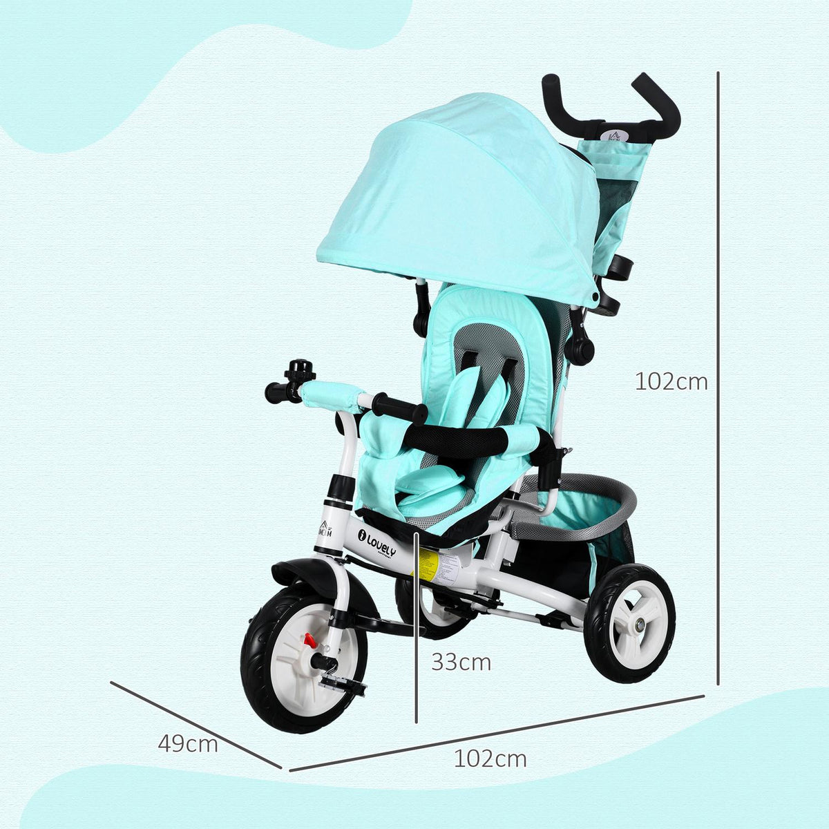 6-in-1 Tricycle with Push Bar, Children's Tricycle with Removable Sun Canopy, Cushion, Balance Bike with 5-Point Safety Belt, Basket, Cup Holder, for 1-5 Years Children, Green