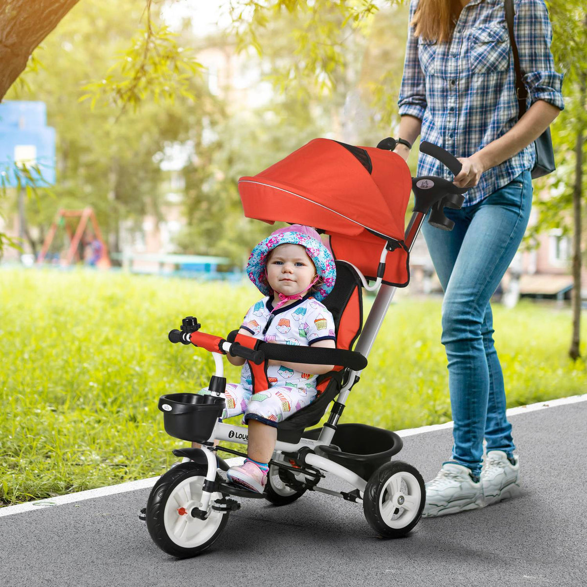 6-in-1 children's tricycle with push bar, canopy, belt, storage basket, 18+ months, red