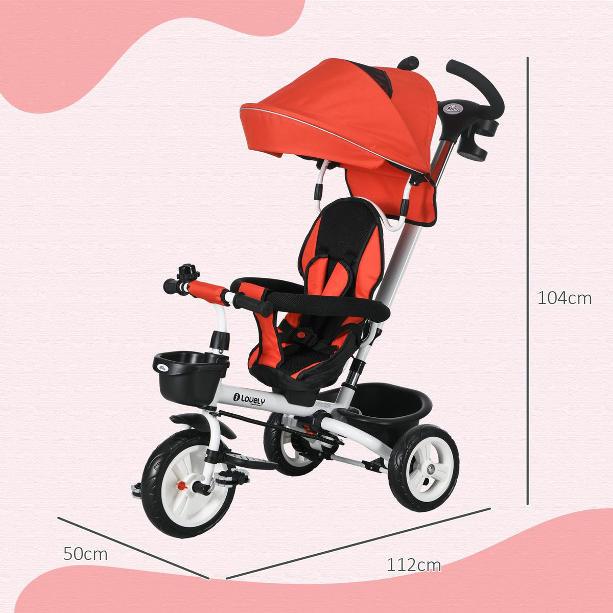 6-in-1 children's tricycle with push bar, canopy, belt, storage basket, 18+ months, red