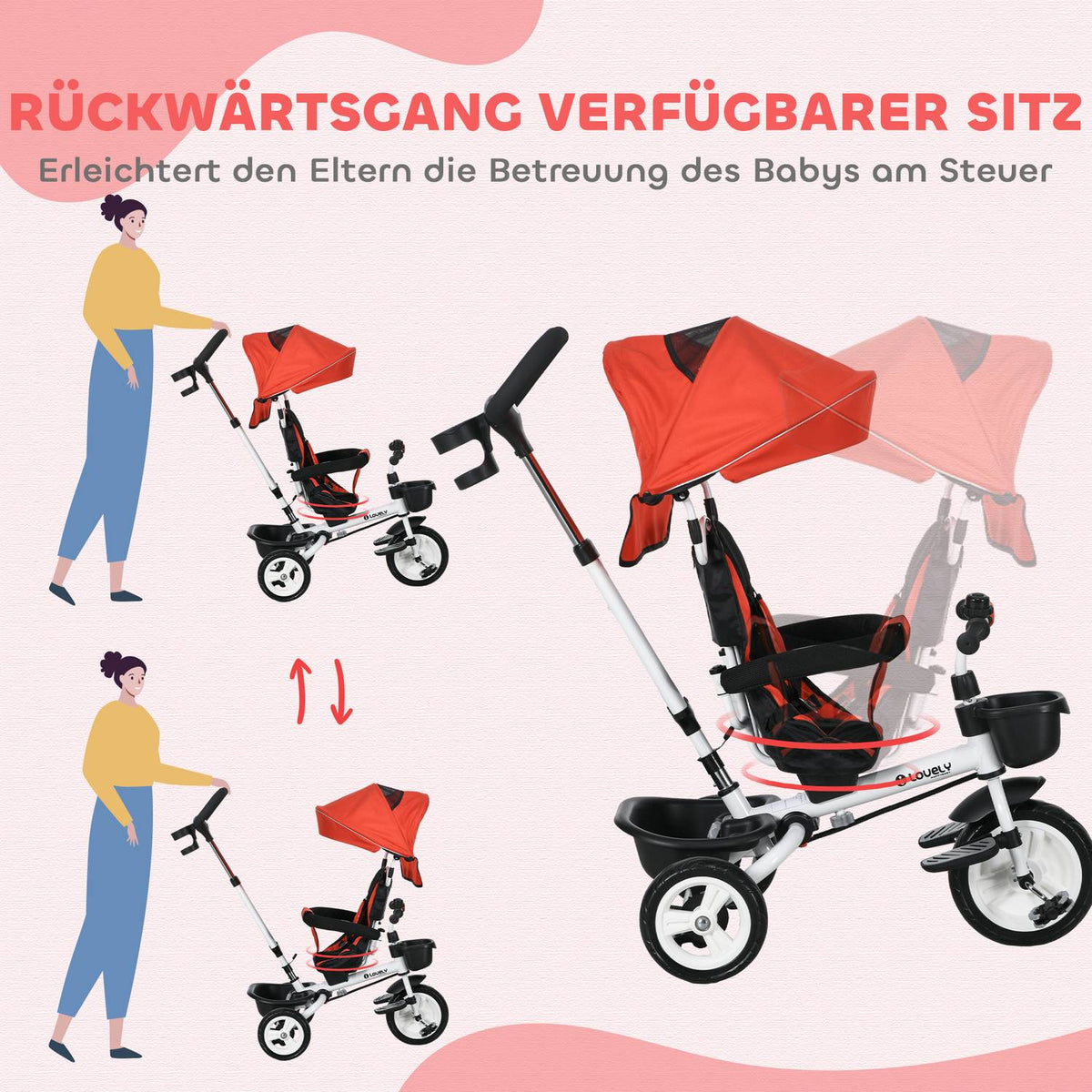 6-in-1 children's tricycle with push bar, canopy, belt, storage basket, 18+ months, red