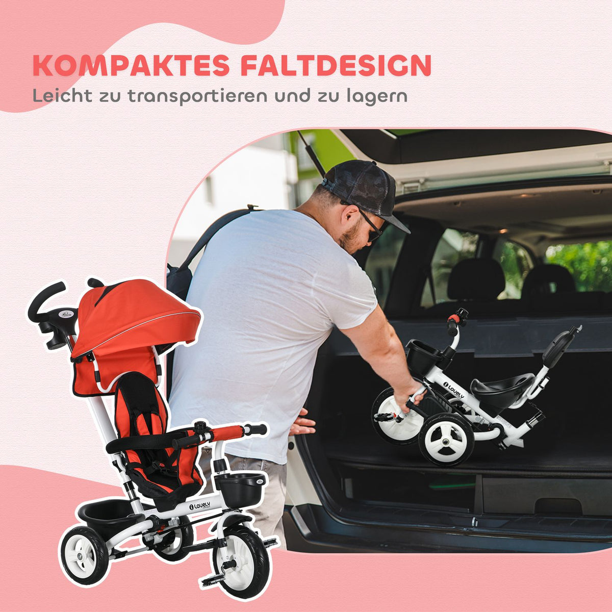 6-in-1 children's tricycle with push bar, canopy, belt, storage basket, 18+ months, red