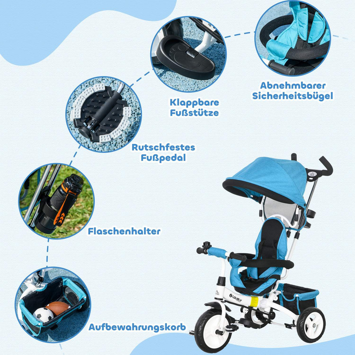 6-in-1 children's tricycle with push bar, roof, belt, storage basket, for 1-5 years, blue