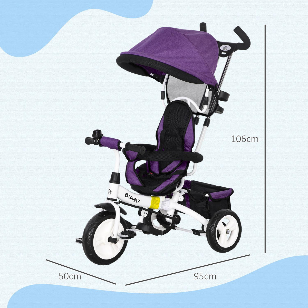 6-in-1 children's tricycle with push bar, roof, belt, storage basket, for 1-5 years, blue