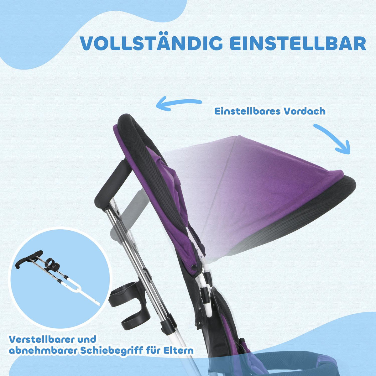6-in-1 children's tricycle with push bar, roof, belt, storage basket, for 1-5 years, blue