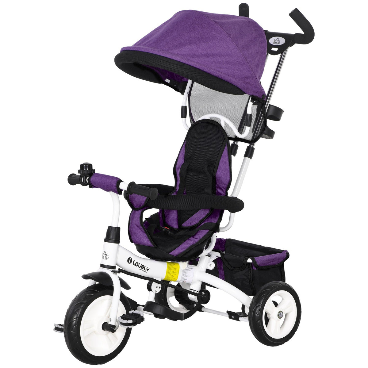 6-in-1 children's tricycle with push bar, roof, belt, storage basket, for 1-5 years, blue