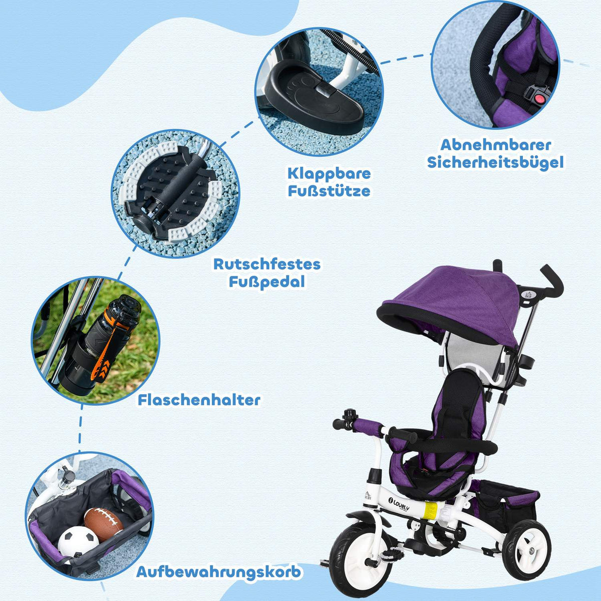 6-in-1 children's tricycle with push bar, roof, belt, storage basket, for 1-5 years, blue