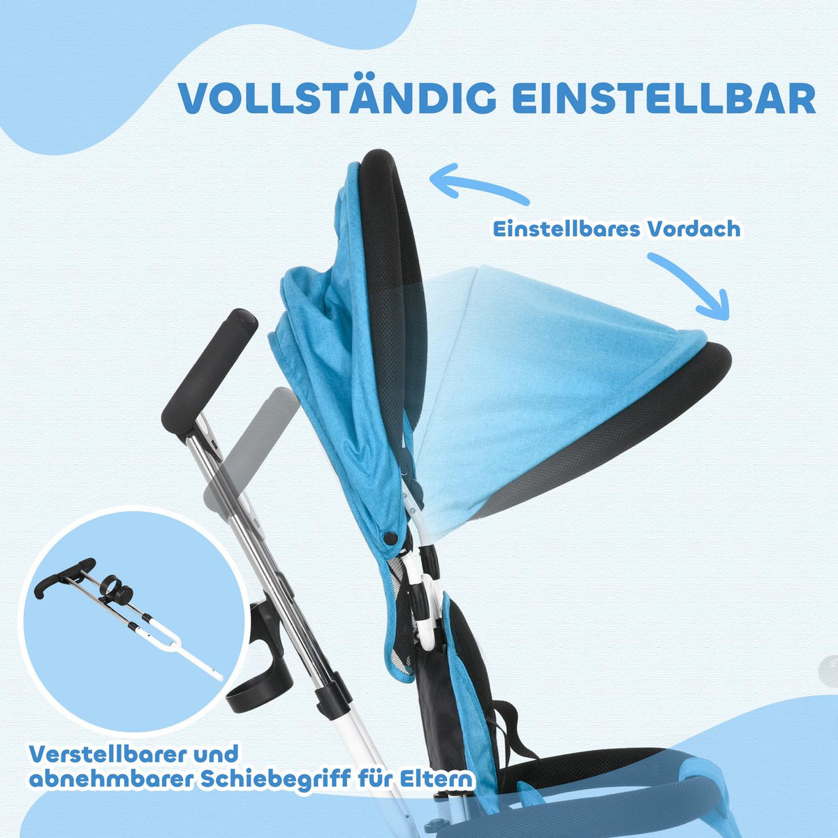 6-in-1 children's tricycle with push bar, roof, belt, storage basket, for 1-5 years, blue