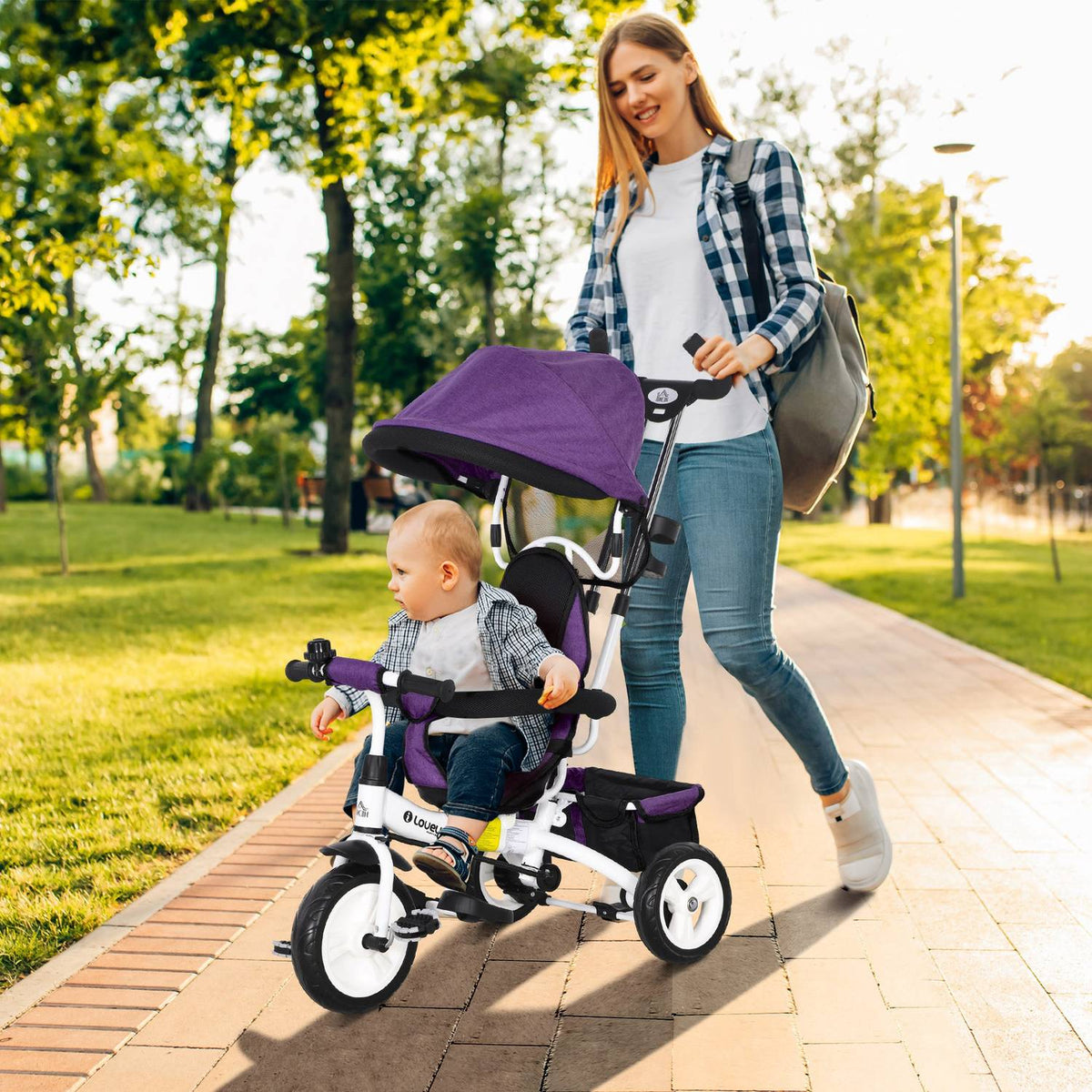 6-in-1 children's tricycle with push bar, roof, belt, storage basket, for 1-5 years, blue